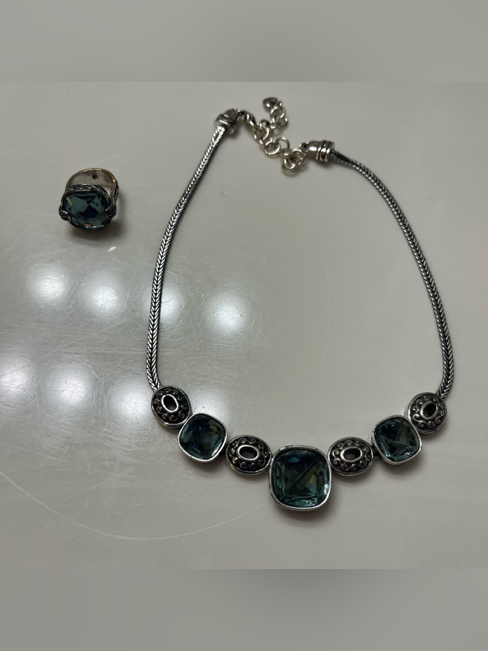 Vintage Brighton "Venus Rising" Blue Crystal Necklace & Ring Set – Retired Rare